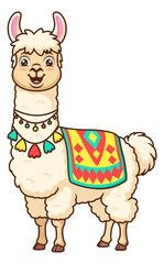 Llama adorned with vibrant blanket and decorations, perfect for south americaninspired designs or festive projects needing a whimsical touch.