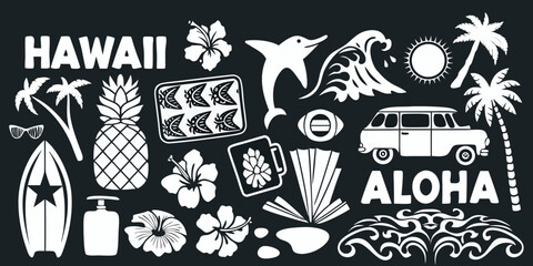 Hawaiian aloha collection featuring tropical icons and beach elements on black background © Sourav