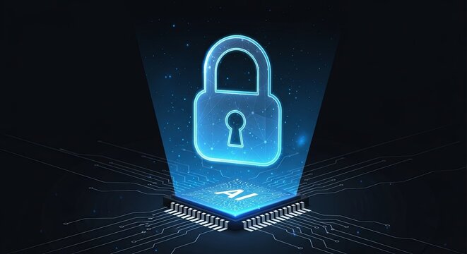 AI-powered cybersecurity concept with a glowing blue padlock hologram projected from a computer chip.