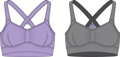 PrintModern seamless sports bra design front and back view, comfortable fitness underwear, stylish activewear for women, vector illustration, fashion template