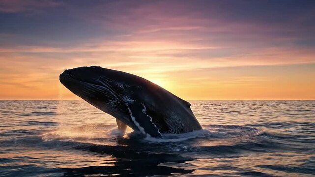 Majestic humpback whale breaches the ocean surface at sunset, creating a spectacular display of nature's power and beauty as the sun dips below the horizon, painting the sky with warm hues
