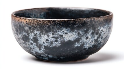 Dark ceramic vessel displays textured reactive glaze with mottled blue and brown tones against a white background