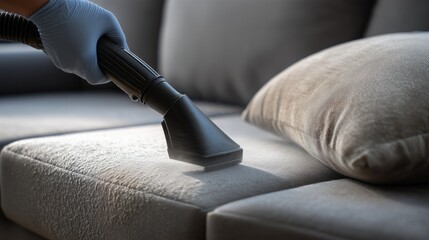 Professional cleaning worker vacuuming upholstered sofa keeping home tidy