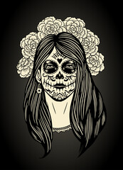 Vintage Hand Drawn Illustration of Sugar Skull Woman
