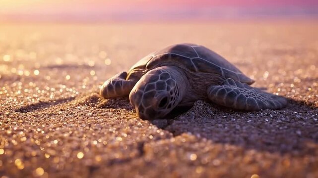 Close-up of a serene green sea turtle resting on wet sand at sunset, with soft golden light reflecting on the textured beach, highlighting its protective shell and delicate flippers