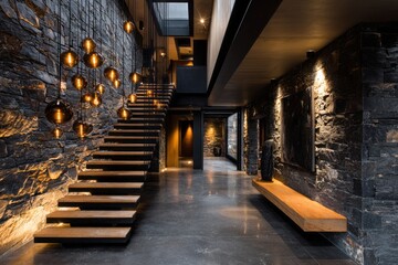 Fototapeta premium Modern architectural staircase with contemporary hanging lights.