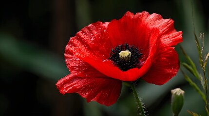 Fototapeta premium Vibrant red flower displays delicate water droplets against a dark background