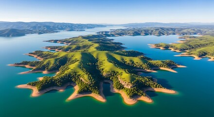 Aerial drone view of a lush green mountainous island surrounded by tranquil blue water under a clear sky