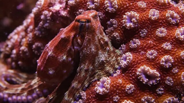 Incredible underwater close-up of a curious octopus camouflaged on a vibrant coral reef, showcasing its intricate details and alien-like features