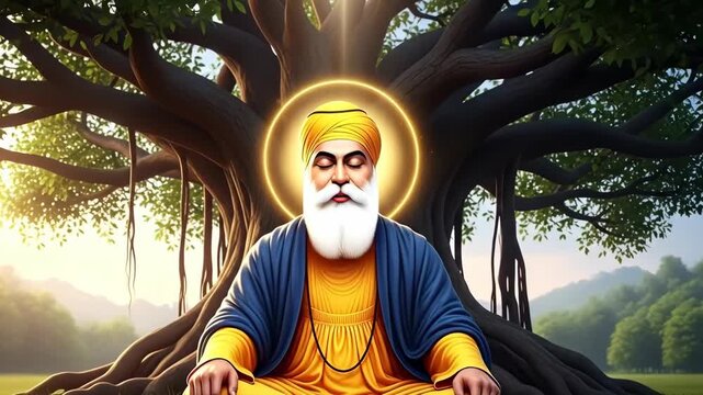 Serene guru nanak dev ji meditating under a luminous banyan tree embodying peace and spiritual wisdom for gurpurab and prakash utsav