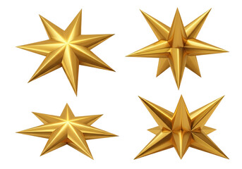 Fototapeta premium Four golden starbursts with sharp pointed rays representing festive decoration isolated on transparent background