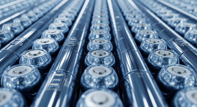 Close-up view of numerous metallic cylindrical objects arranged in parallel rows on an industrial production line, possibly batteries or components.