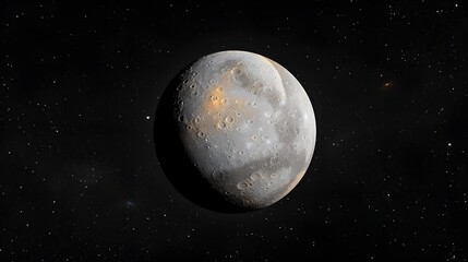Fototapeta premium A detailed view of the planet Mercury against the dark starry backdrop of space, showing its heavily cratered surface illuminated during its local noon. Solar System illustration.