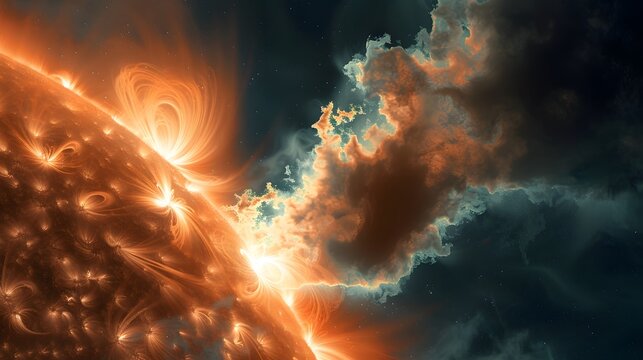 Ultra close-up of the Sun's surface with glowing solar flares, intricate magnetic loops, and dramatic cosmic clouds or nebula in the dark space background. Dynamic astronomy illustration.