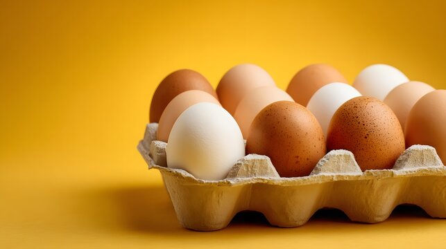 Carton holding multiple chicken eggs featuring white and brown shells against a solid yellow background - Powered by Adobe