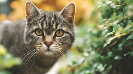 Domestic feline with striped fur gazes intensely from behind lush green foliage outdoors