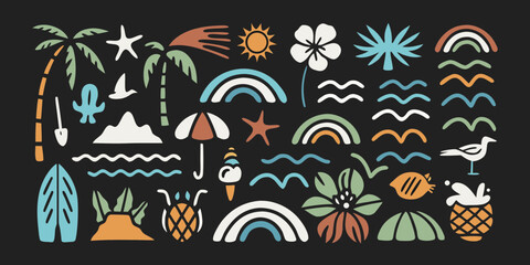 A vibrant collection of hand drawn tropical beach and summer vacation icons on a black background © MituRani