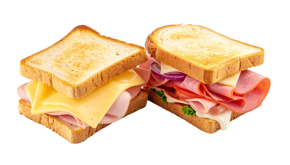  Two ham and cheese sandwiches in different styles isolated on transparent background