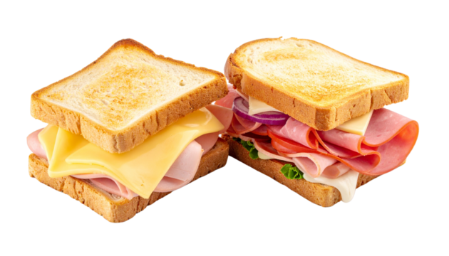 Two ham and cheese sandwiches in different styles isolated on transparent background