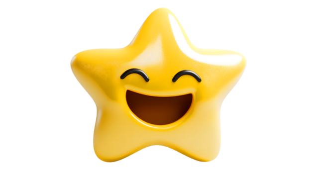 A cheerful happy and smiling yellow star character with a wide open mouth and closed eyes isolated on transparent background - Powered by Adobe