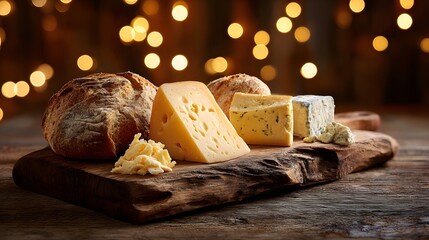 Assortment of artisanal cheeses and crusty bread displayed upon a rustic wooden board with soft background illumination