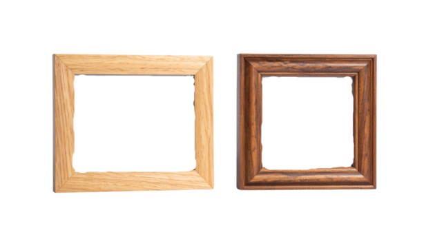 Two sets of wooden photo frames in different styles isolated on transparent background