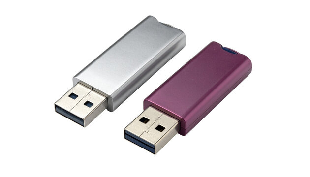  Two USB flash drives in different designs isolated on transparent background