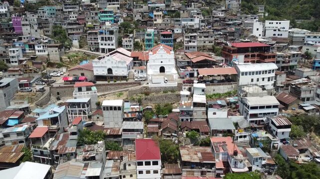 Flight over the main church of San Antonio Palopo, located in the department of Solola, Guatemala.