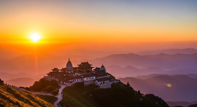 Majestic ancient temple complex perched atop a misty mountain peak at vibrant sunrise