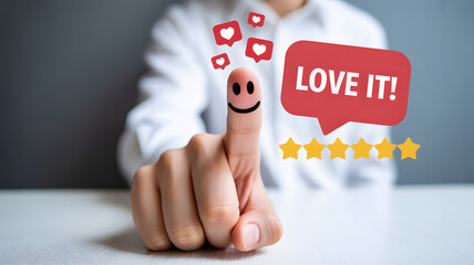 Obraz premium Boost your brand with 5-star reviews and happy customers pointing to success with love and heart feedback, perfect for social media engagement