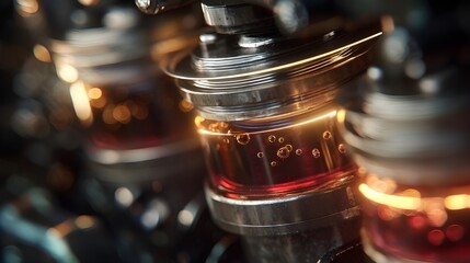 3D animation of golden oil molecules flowing inside an engine tube bottle, pistons glowing with energy, smooth futuristic metallic textures