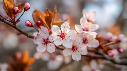 Fototapeta premium Delicate pale pink and white blossoms emerge on a woody branch alongside reddish buds and coppery foliage