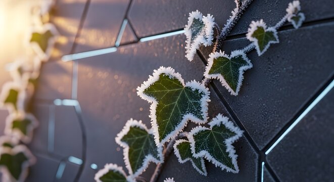 Frost-covered Ivy Climbing on Metal Fence in Early Morning Light, Close-up Nature Photography with Shallow Depth of Field - Powered by Adobe