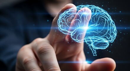 Close-up of a finger touching a glowing digital brain hologram, symbolizing the future of artificial intelligence, neuroscience, and innovative thinking