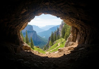 A picturesque view of the exit from a dark large cave into open terrain.