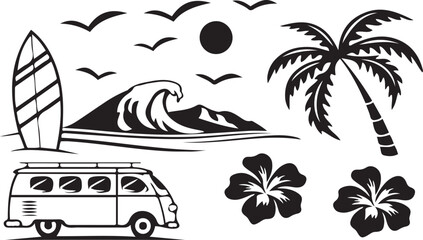 Obraz premium Tropical Beach Surfing Vector Icons Set Summer, Ocean, Travel, Vacation Elements