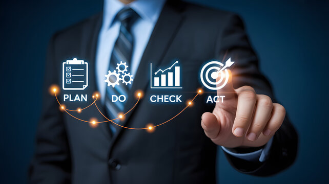 Professional businessman using PDCA cycle for continuous improvement, plan do check act for achieving business success and project management goals
