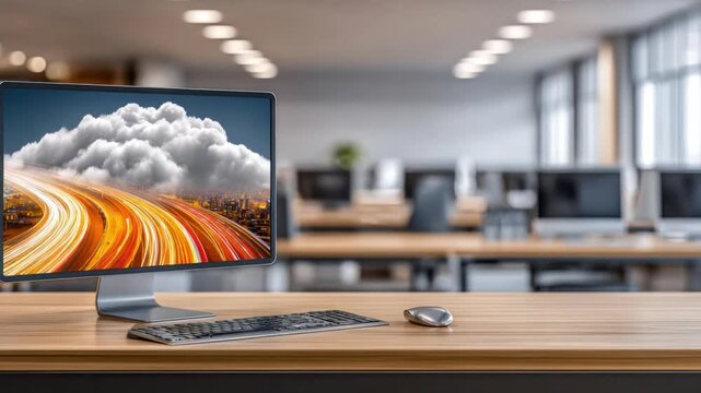 Digital workspace: A modern office environment showcases a sleek computer setup on a wooden desk, symbolizing the intersection of technology and productivity.