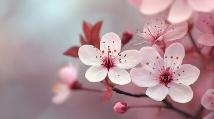 Delicate light pink blossoms with dark centers bloom upon slender branches