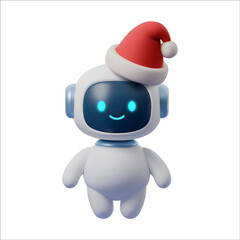 3D robot AI character in Santa hat, cute chatbot mascot and digital assistant. Futuristic robot illustration for Christmas, xmas holiday, winter celebration and festive design. AI robot cartoon 