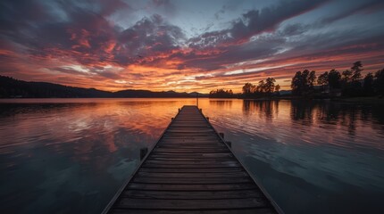 Fototapeta premium Wooden pier extending into a serene lake at dramatic sunset with vibrant orange and purple clouds reflecting on water