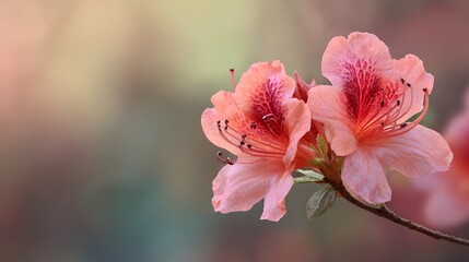Delicate pink blossoms bloom on a slender branch with soft background lighting