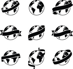 Set of globe icons with surrounding ribbons