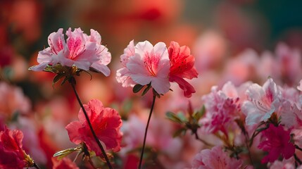 Delicate pink and red blossoms illuminate a lush garden setting with soft focus