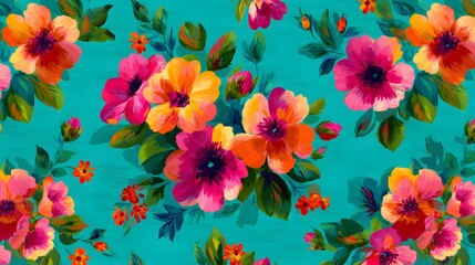 Bright tropical blossoms create a seamless repeating floral textile pattern on a vibrant cyan background