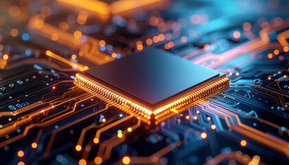 Close-up of a glowing CPU on a motherboard with orange and blue circuitry. Futuristic tech scene highlights electronic hardware, data processing, and digital infrastructure.
