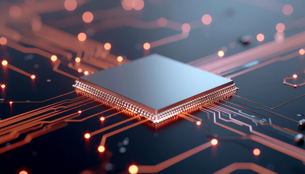 Close-up of a glowing CPU on a motherboard with orange and blue circuitry. Futuristic tech scene highlights electronic hardware, data processing, and digital infrastructure. - Powered by Adobe