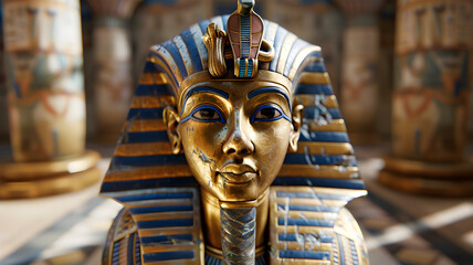 isolated Pharaoh mask of Tutankhamun in gold and blue, an ancient Egyptian god, Egyptian god