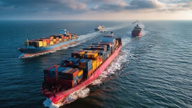 Ocean Freight Network: Cargo ships sail across the expansive ocean, carrying essential goods, symbolizing global trade and commerce. Emphasizing the significance of transport and supply chains. 