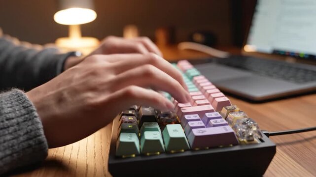 Typing on a mechanical keyboard with pastel keycaps and laptop